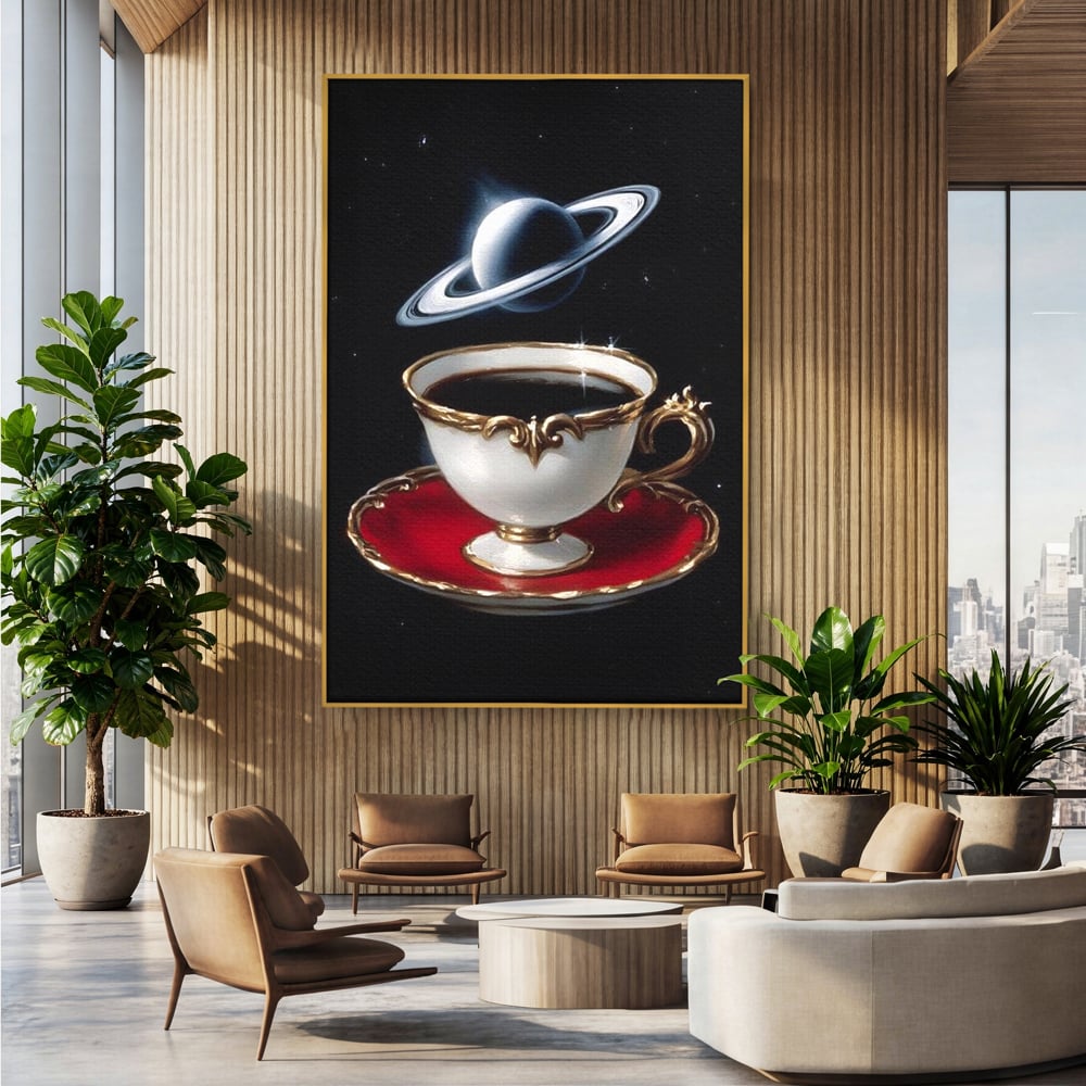 Tablou canvas cu tablou canvas cu ceasca si planeta, in rama de aluminiu auriu, pe perete intr-un birou